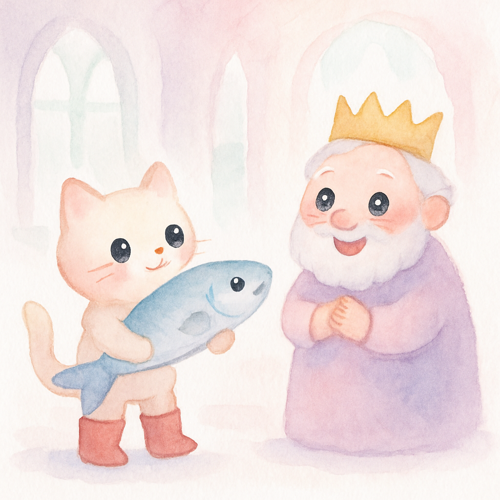 고양이가 커다란 물고기를 잡아 다시 왕에게 드리는 장면